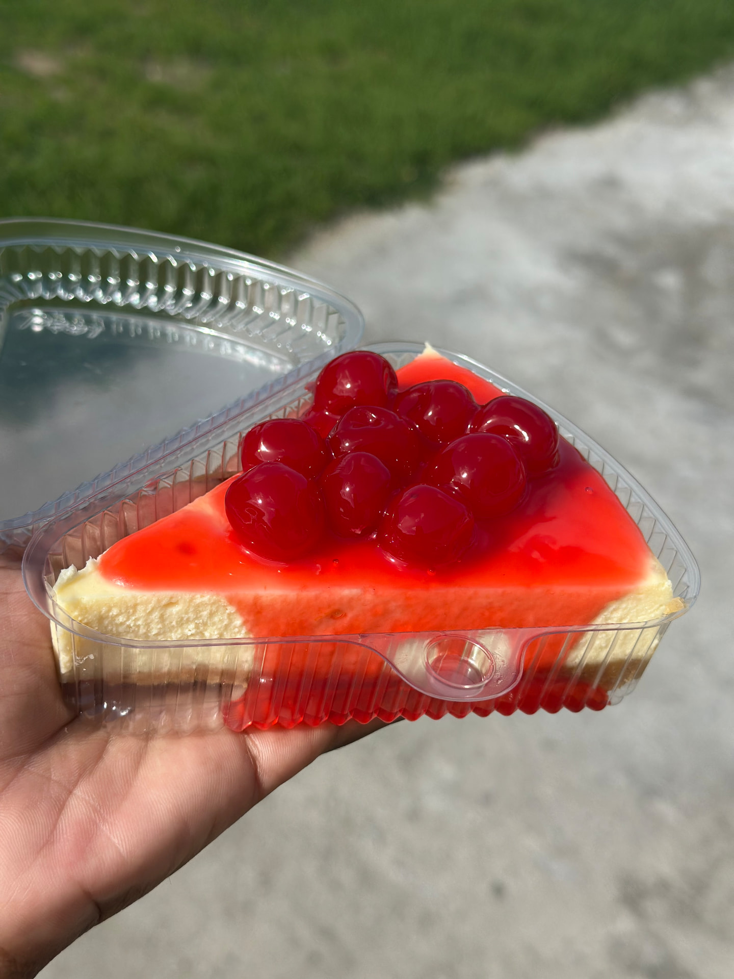 Cheesecake slice topped with glazed cherries