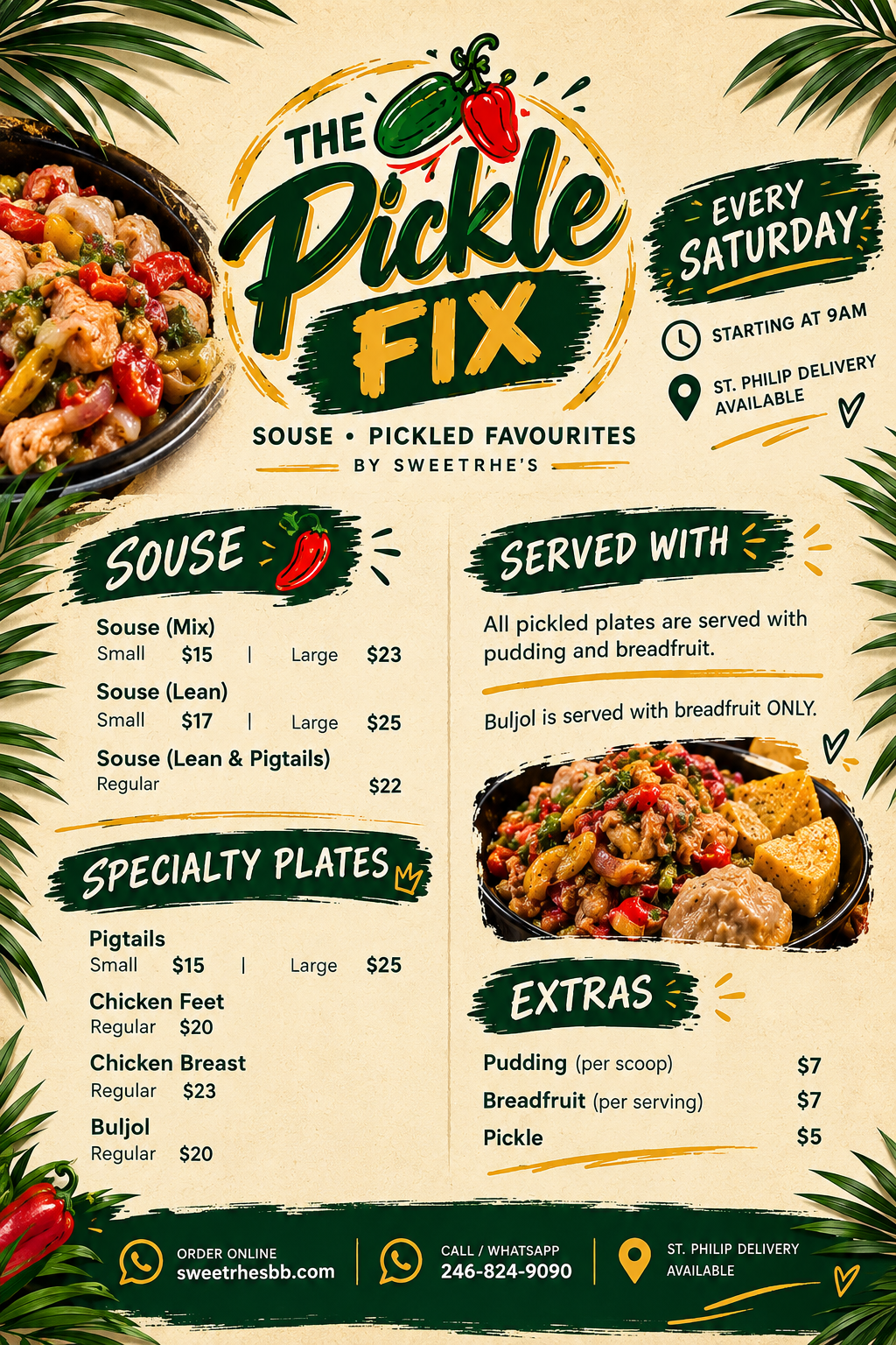 The Pickle Fix menu flyer with stock photos used as placeholders